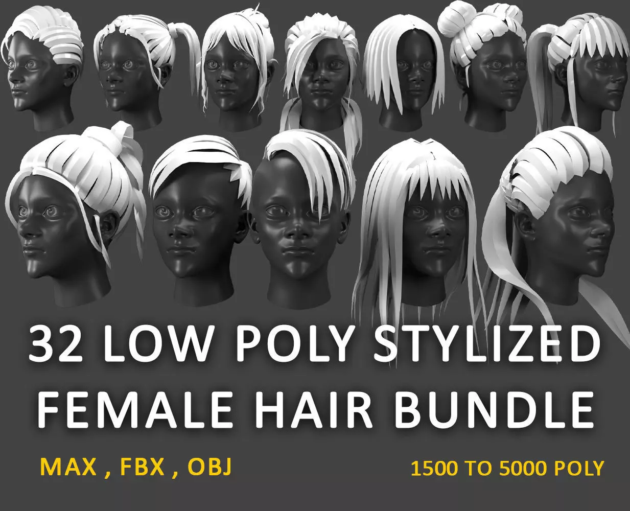 low poly stylized female hair bundle Low-poly 3D model_0