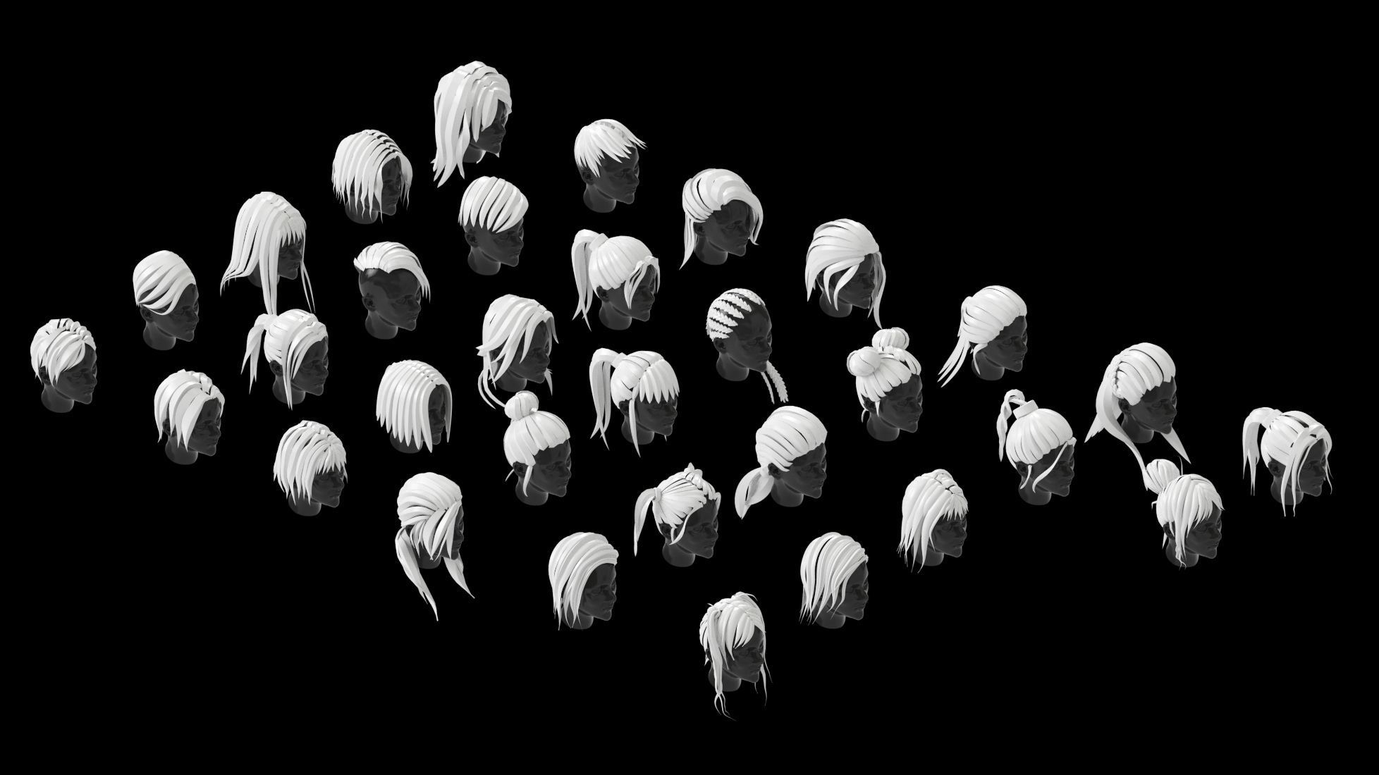 low poly stylized female hair bundle Low-poly 3D model_3