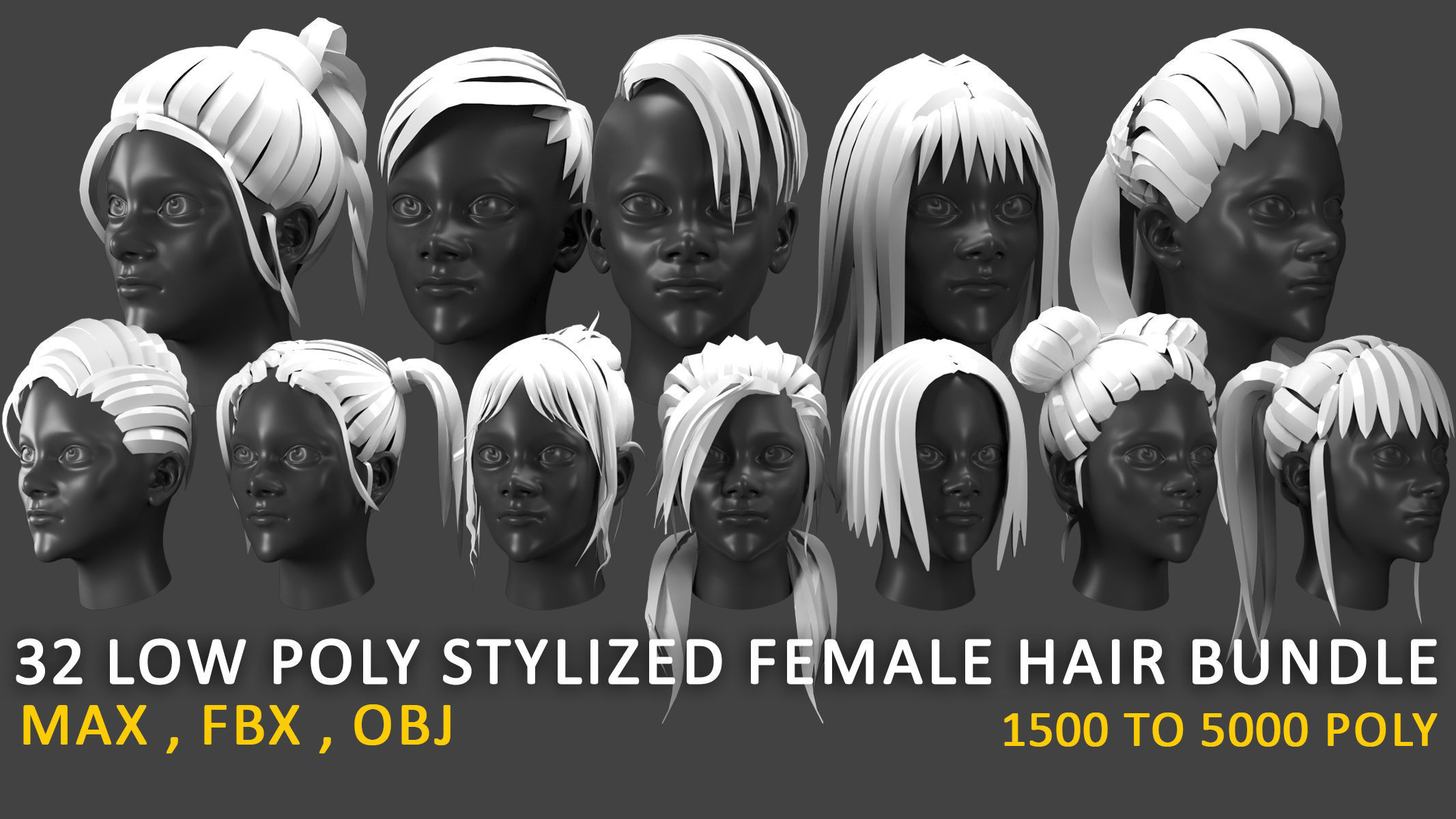 low poly stylized female hair bundle Low-poly 3D model_1