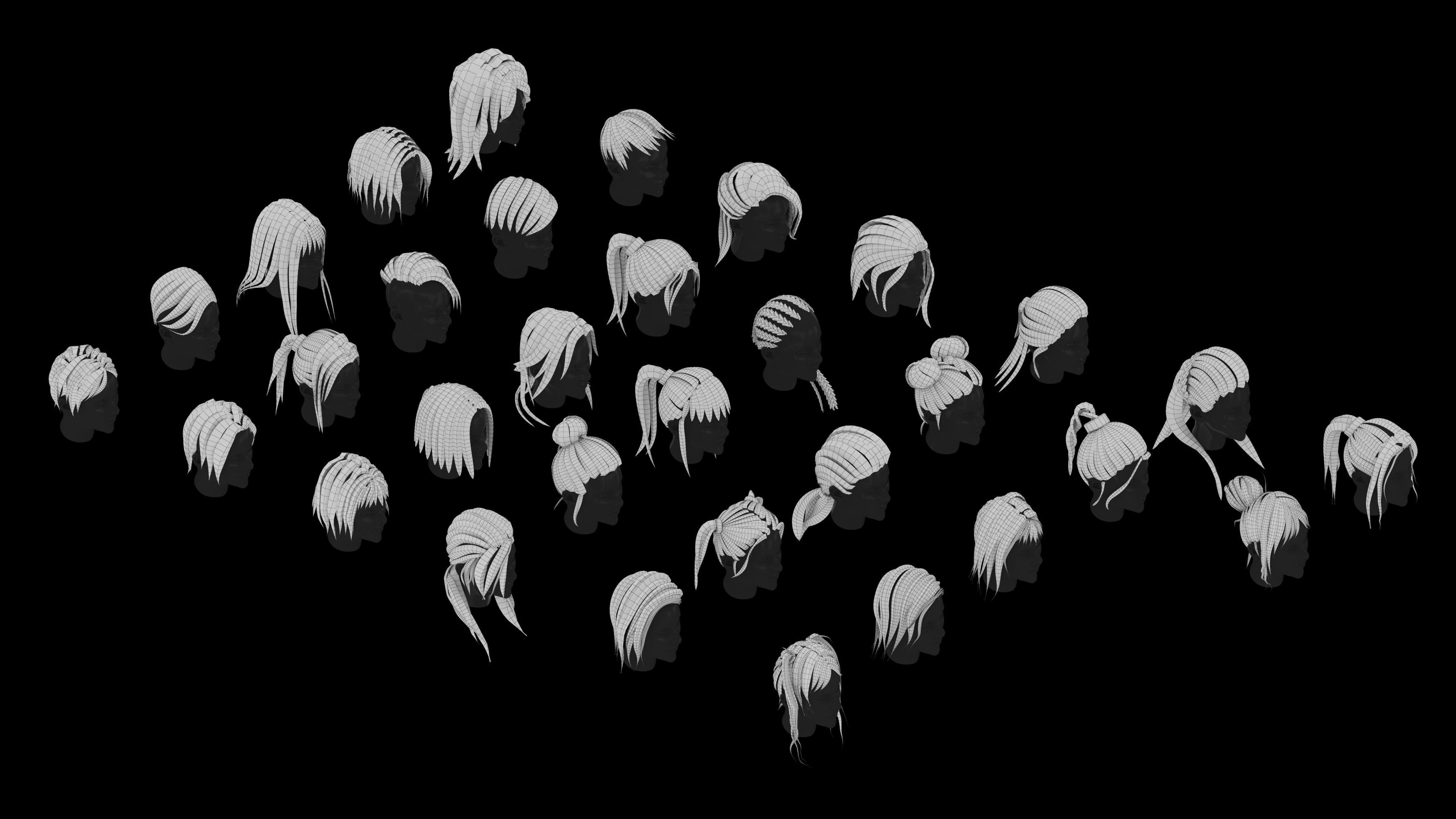 low poly stylized female hair bundle Low-poly 3D model_8