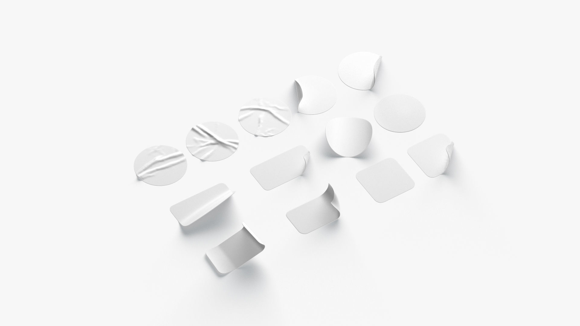 White Stickers Set - 13 adhesive round and square sticky labels Low-poly 3D model_1