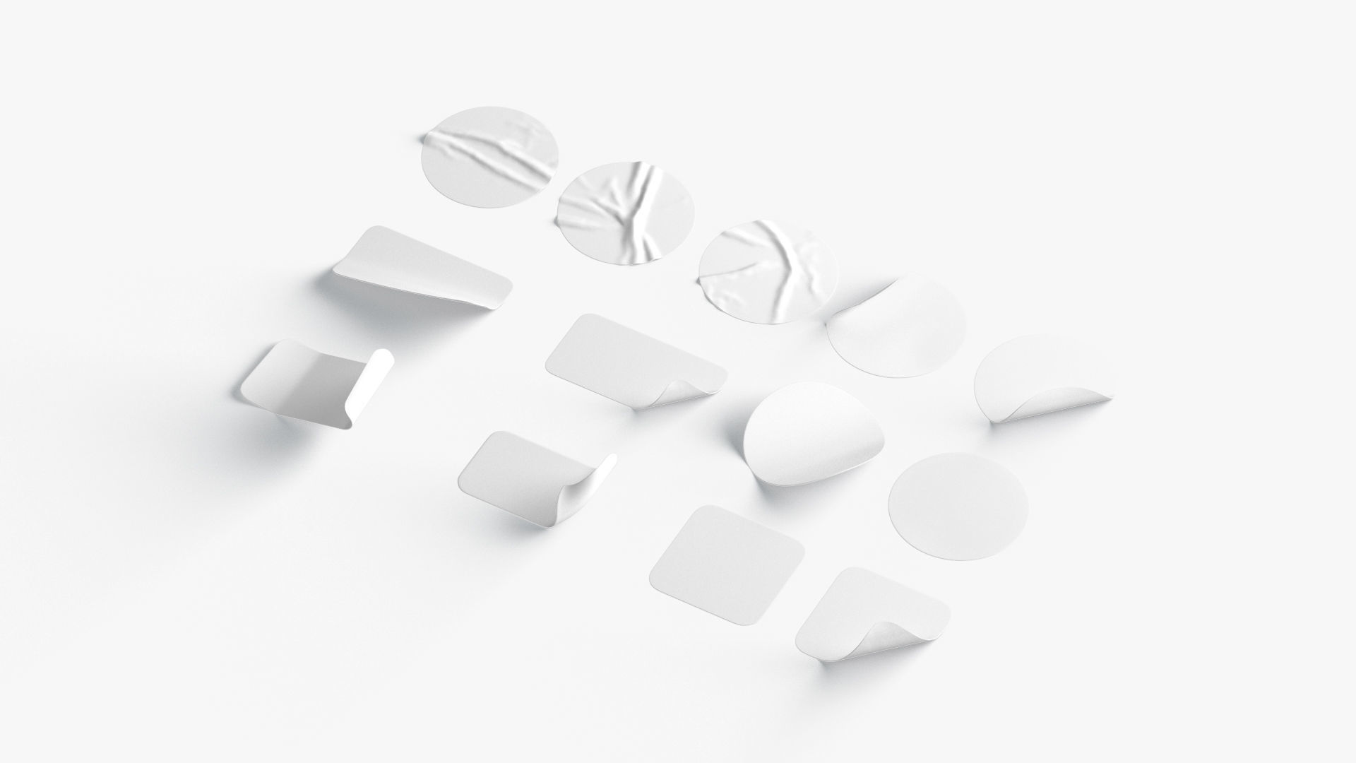 White Stickers Set - 13 adhesive round and square sticky labels Low-poly 3D model_2