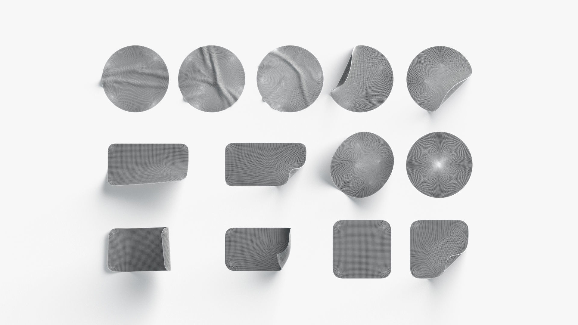 White Stickers Set - 13 adhesive round and square sticky labels Low-poly 3D model_7