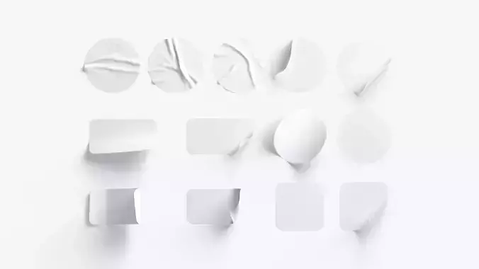 White Stickers Set - 13 adhesive round and square sticky labels Low-poly 3D model