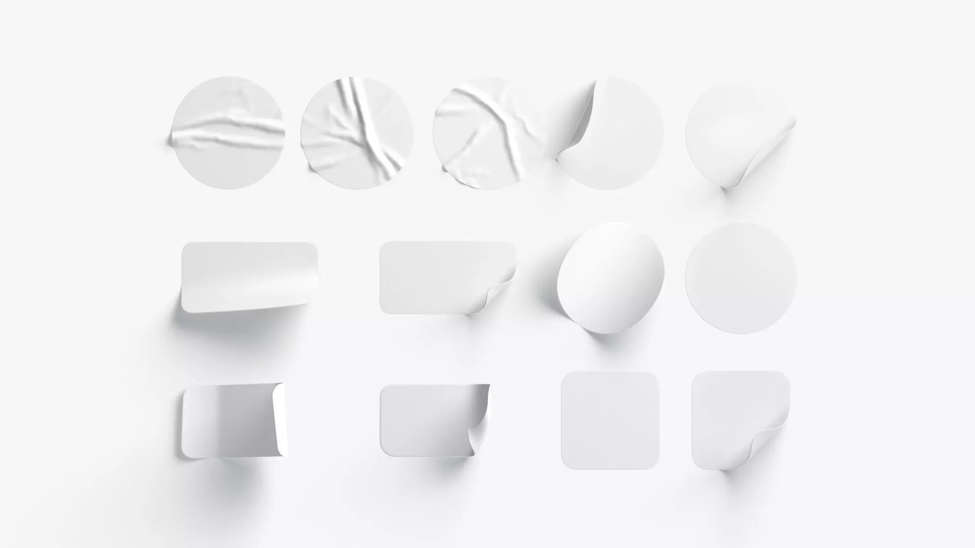 White Stickers Set - 13 adhesive round and square sticky labels Low-poly 3D model_0