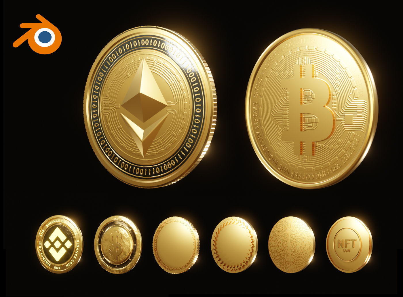 NFT Crypto coins template for Blender Bitcoin Ethereum Binance 3D model_5
