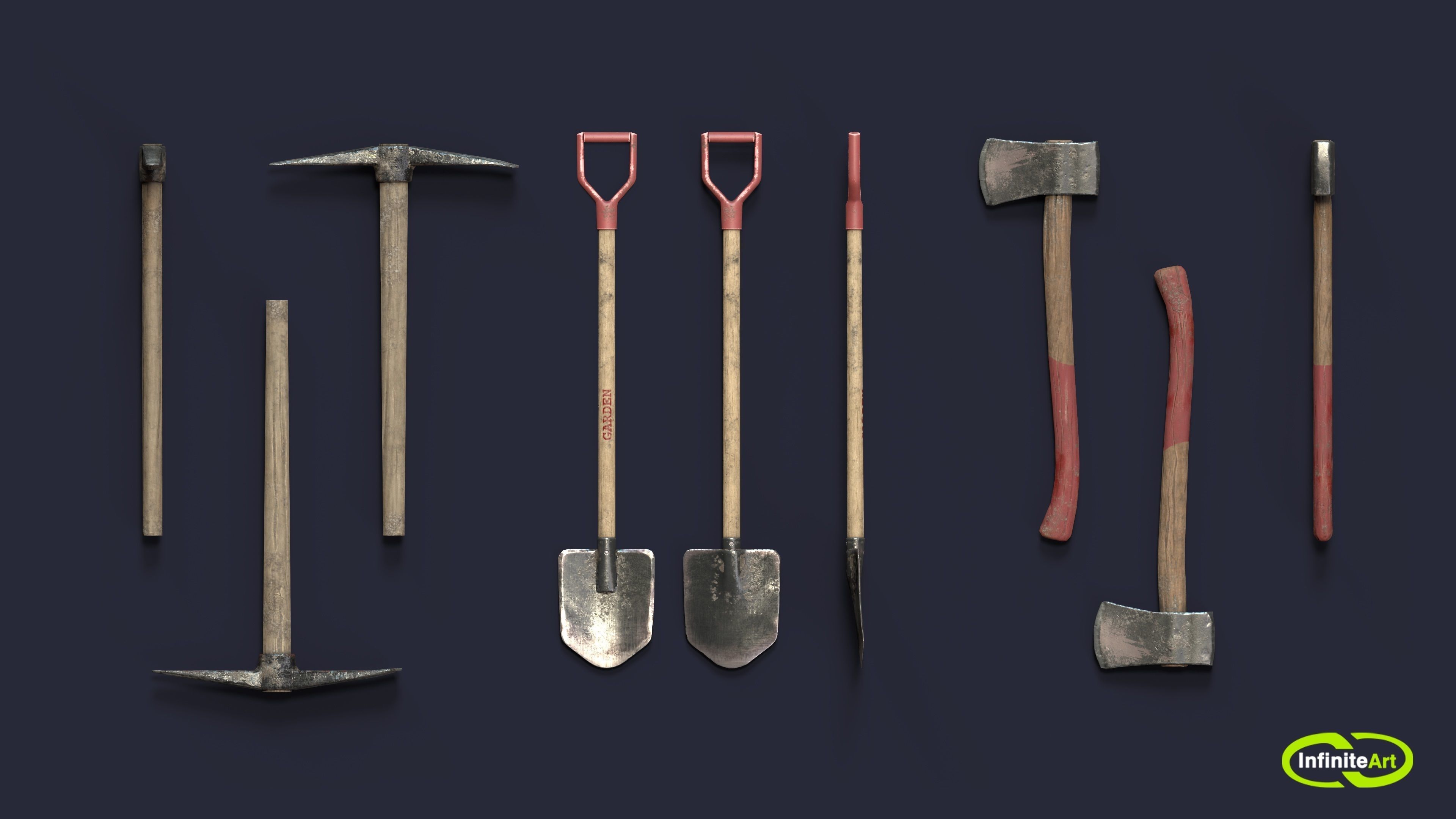 Pick and shovel and axe Low-poly 3D model_4