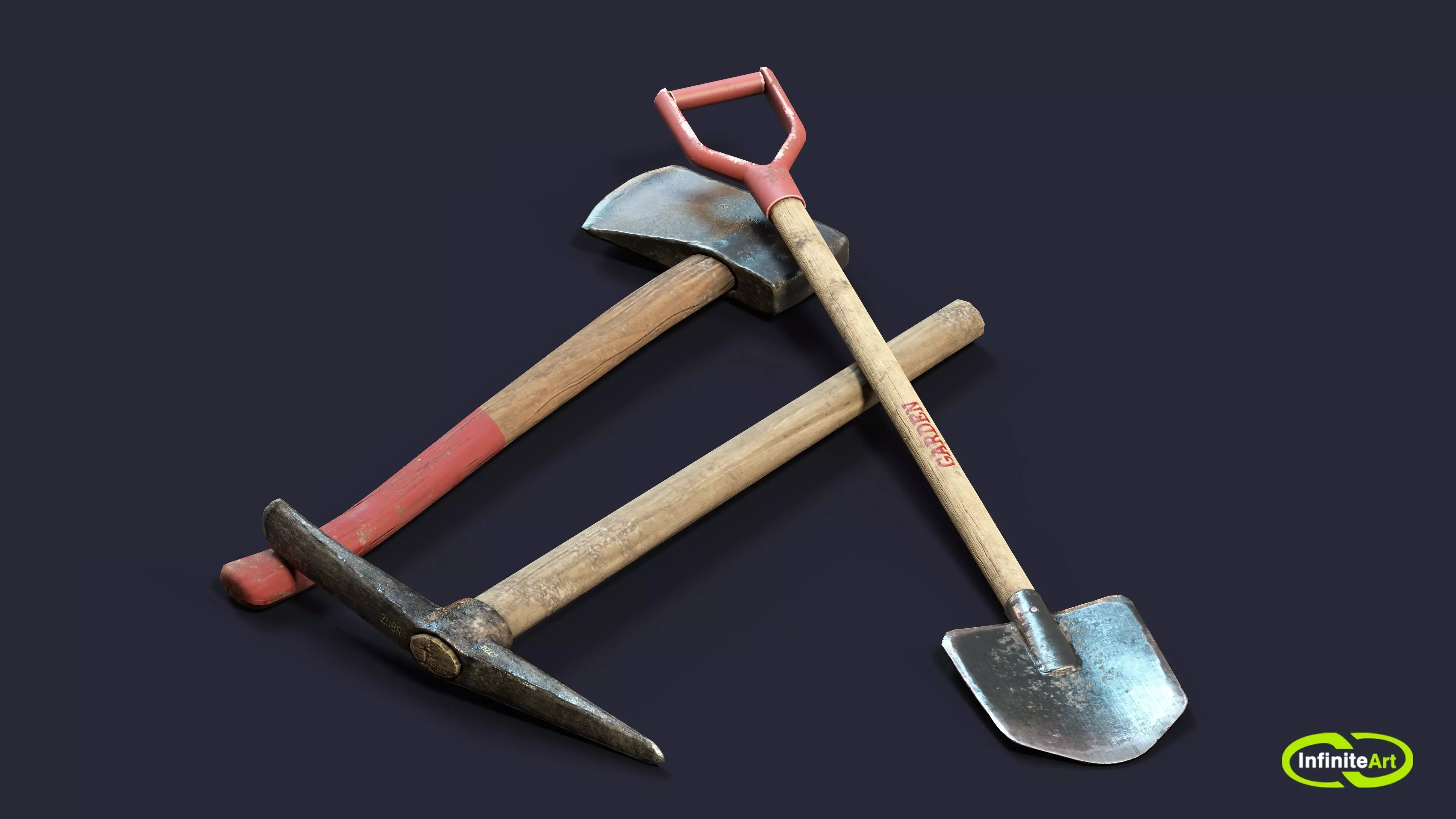 Pick and shovel and axe Low-poly 3D model_0