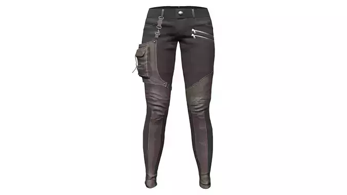 Utility Pockets Decorated Leather Fabric Mix Steampunk Pants