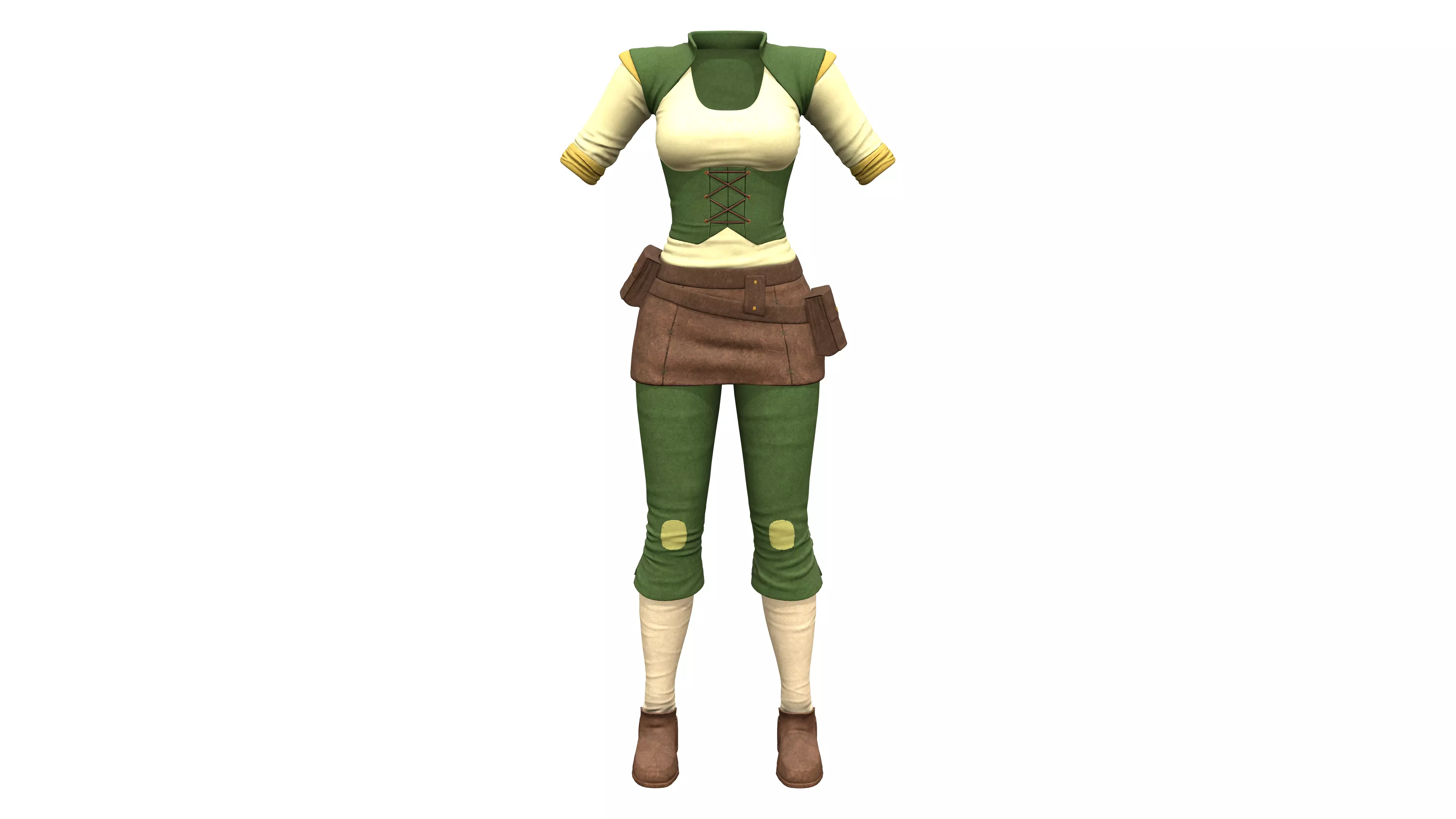 Female Medieval Steampunk Pheasant Full Outfit Costume Low-poly 3D model_0