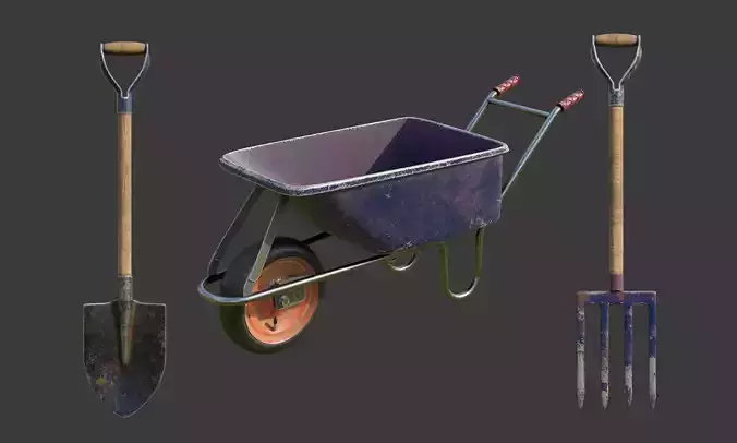 Shovel Spading Fork and Wheelbarrow Collection  3D model