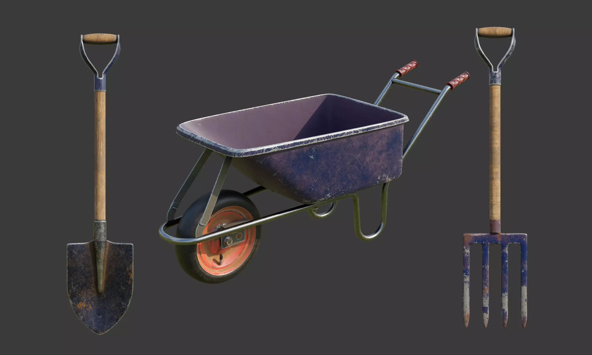 Shovel Spading Fork and Wheelbarrow Collection  3D model_0