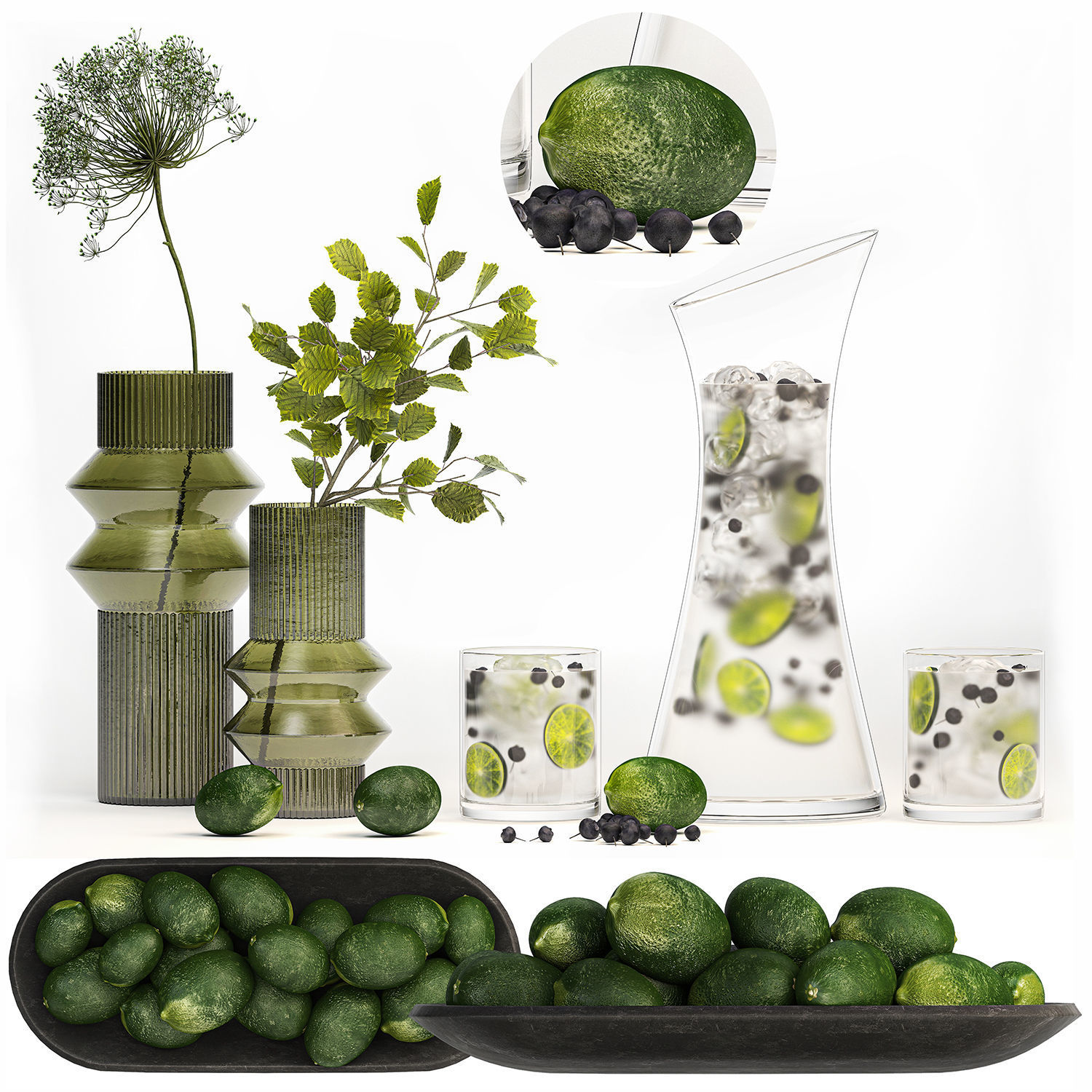 Bouquet Of Flowers With Carafe Of Lime Lemonade 3D model_5