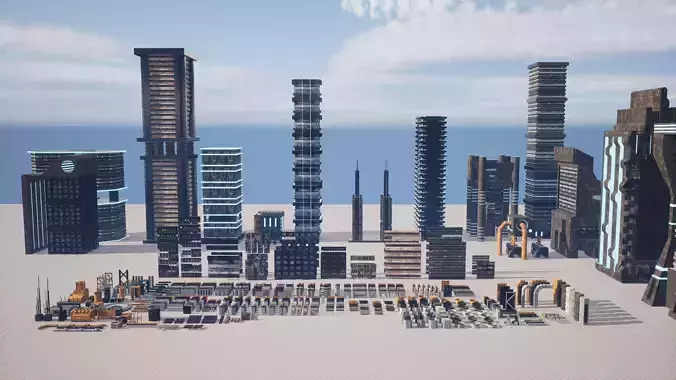 Cyberpunk themed Mega Pack of City Assets and Buildings 