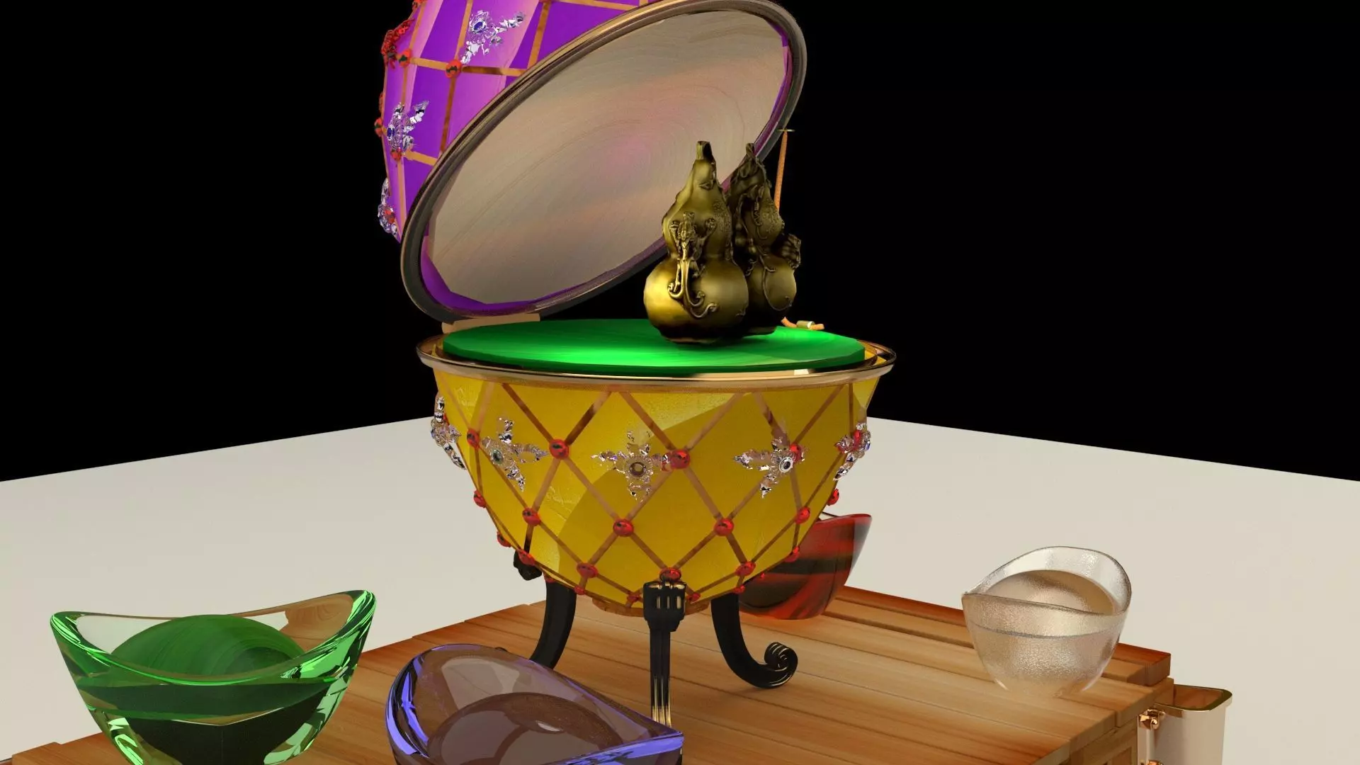 Chinese gold Ingot with Russia Faberge egg and gourd 3D model