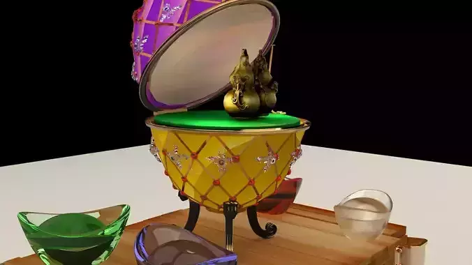 Chinese gold Ingot with Russia Faberge egg  and gourd