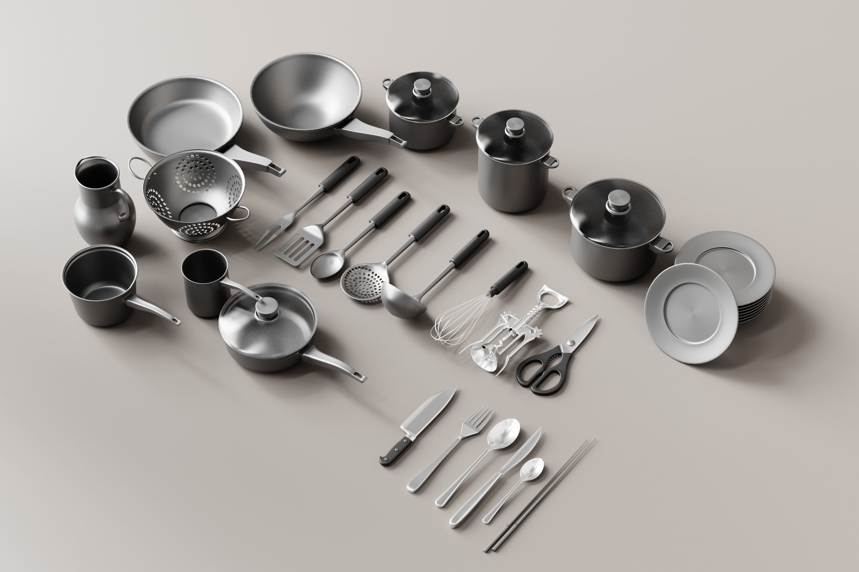 Stainless Kitchen Item Pack Low-poly 3D model_4
