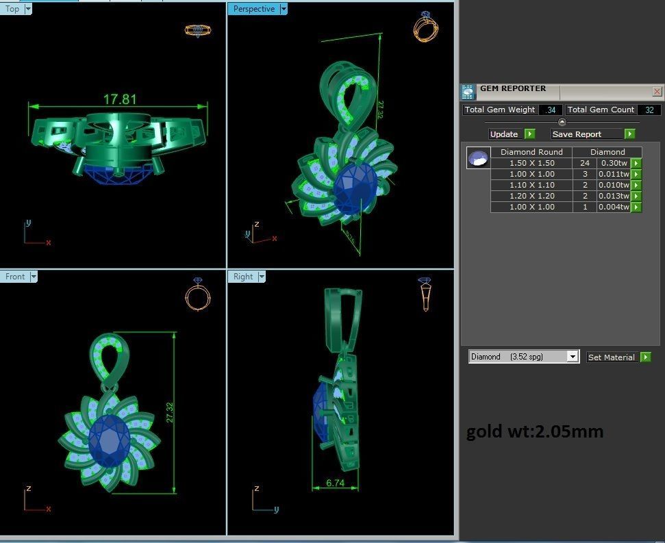Women Oval Diamond Pendant 3DM STL OBJ FBX Render Details 3D print model_5