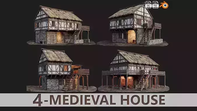 Medieval Old House PBR 4K GameReady Pack 13 to 16 Low-poly 3D model