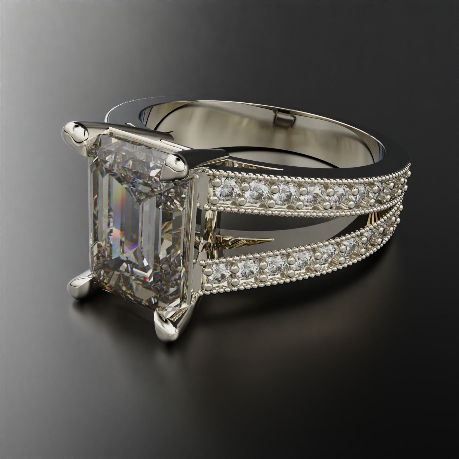 SPLIT SHANK EMERALD CUT DIAMOND RING 3D print model_14