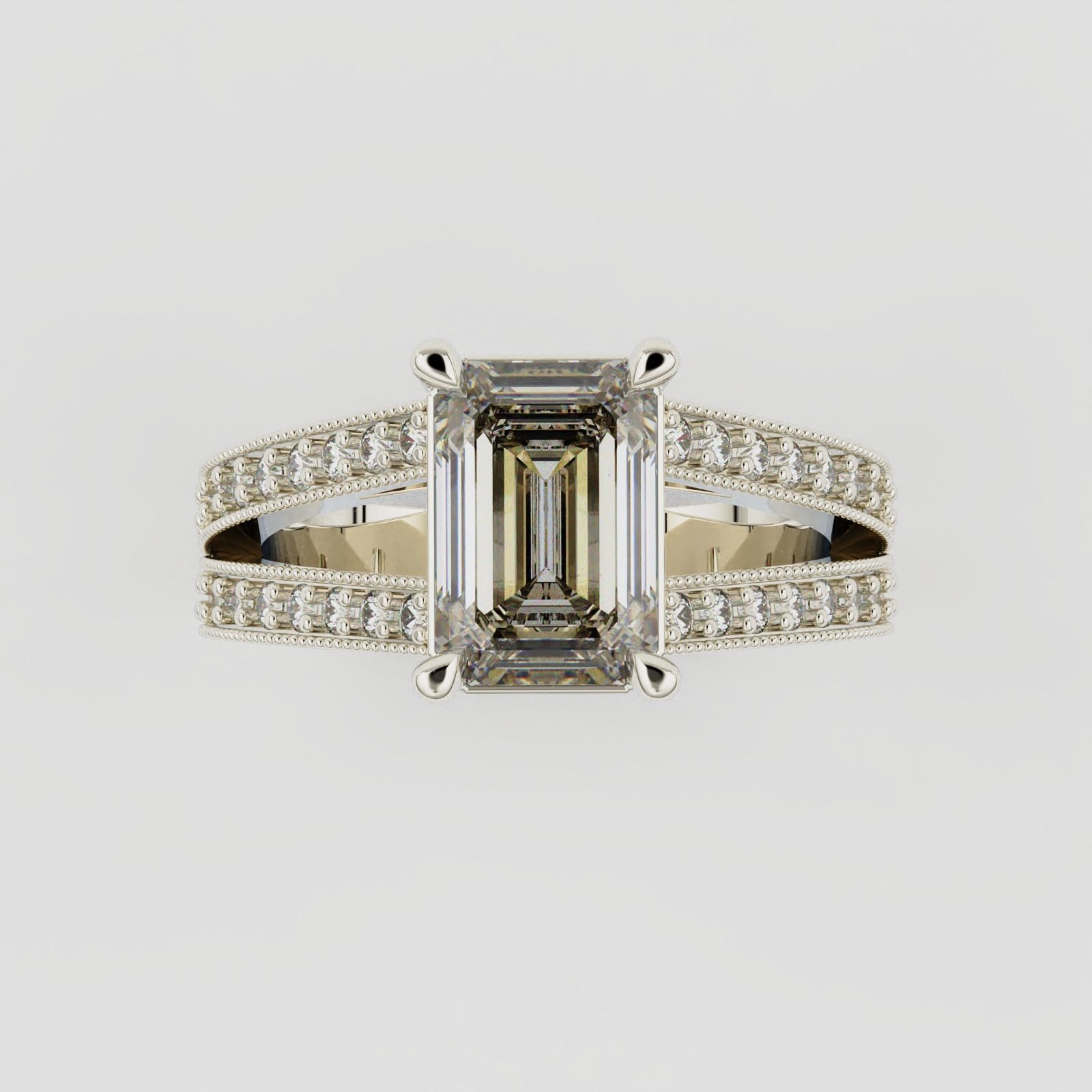 SPLIT SHANK EMERALD CUT DIAMOND RING 3D print model_3