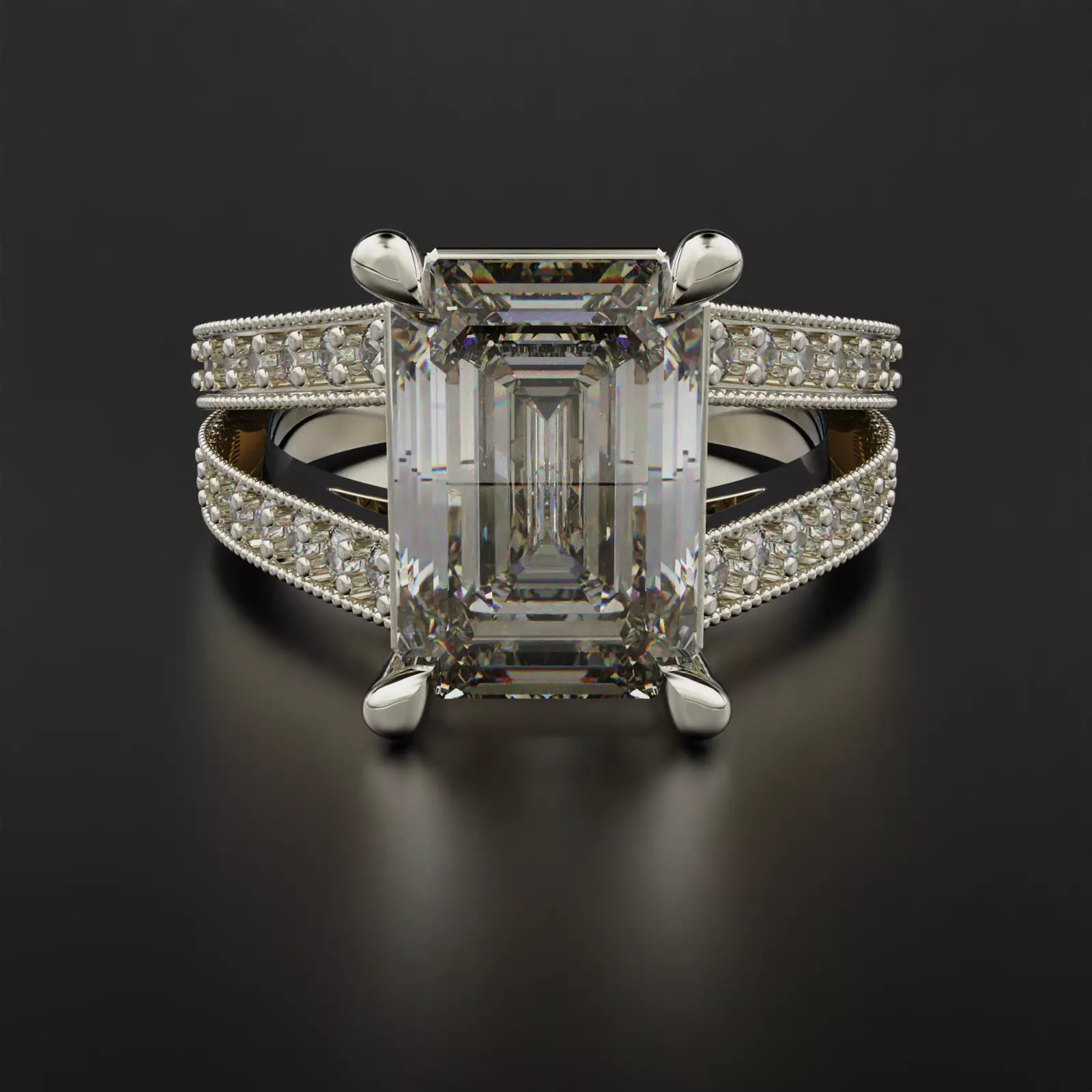 SPLIT SHANK EMERALD CUT DIAMOND RING 3D print model_0