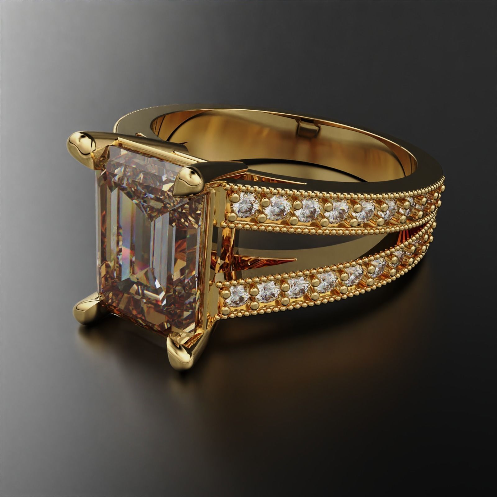 SPLIT SHANK EMERALD CUT DIAMOND RING 3D print model_1