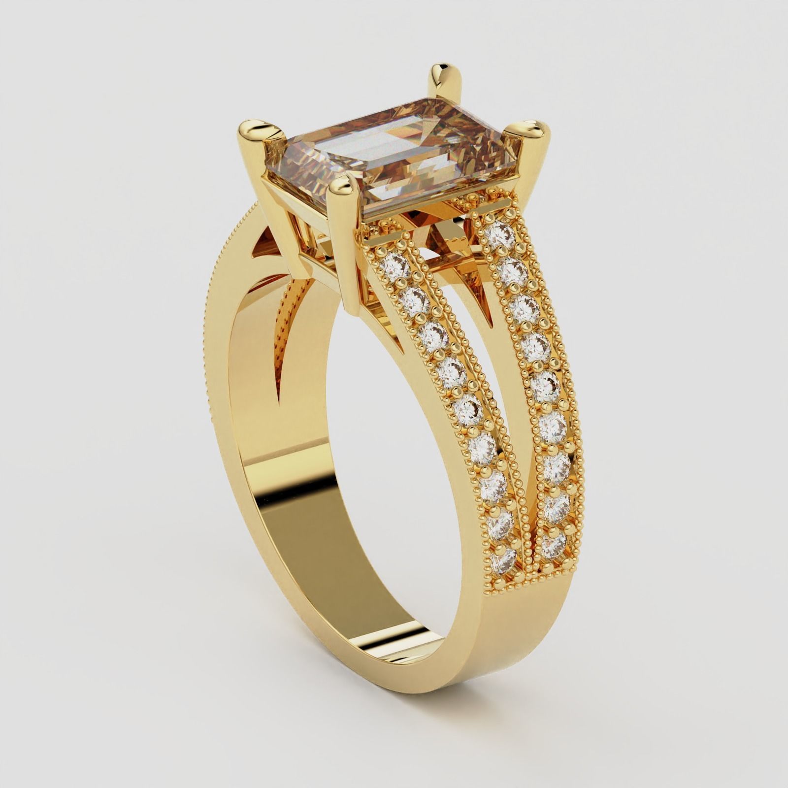 SPLIT SHANK EMERALD CUT DIAMOND RING 3D print model_6