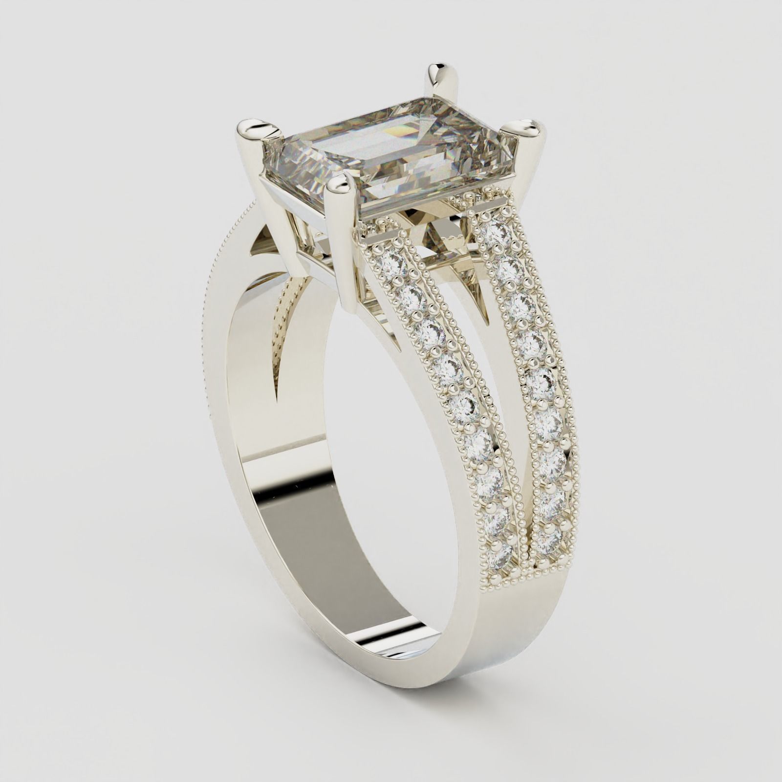 SPLIT SHANK EMERALD CUT DIAMOND RING 3D print model_7