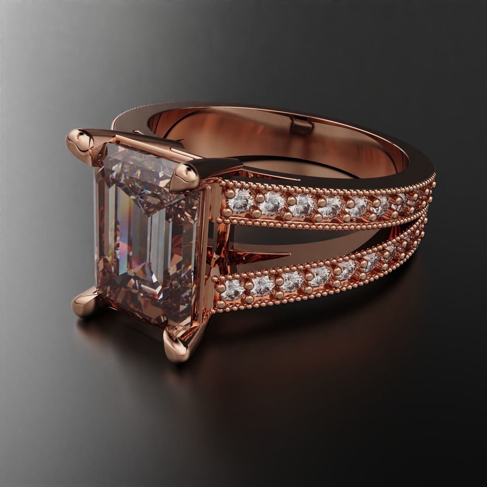 SPLIT SHANK EMERALD CUT DIAMOND RING 3D print model_15