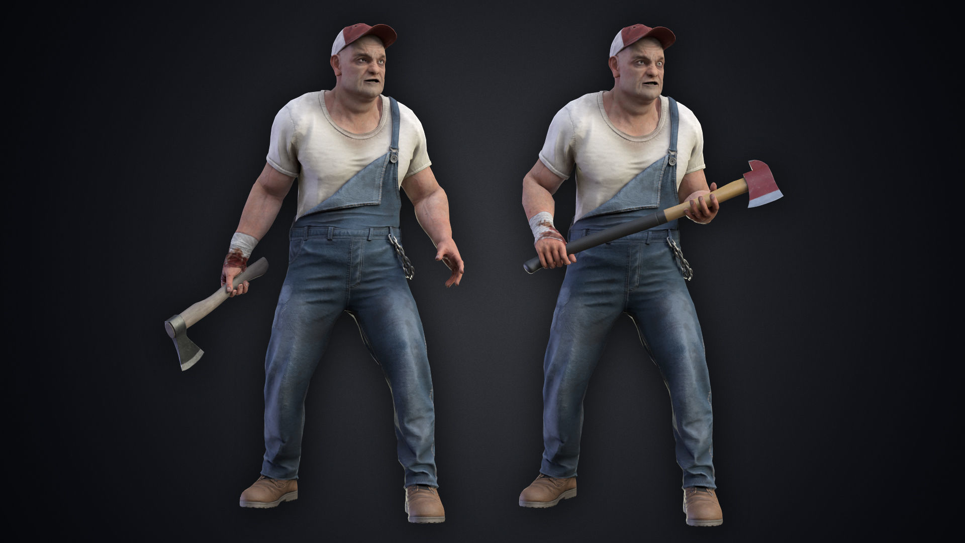 The Redneck man holding chainsaw Low-poly 3D model_4