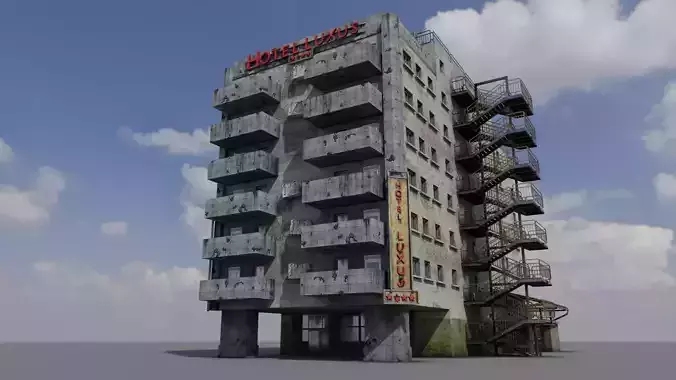Old neglected hotel with interior furniture Low-poly 3D model