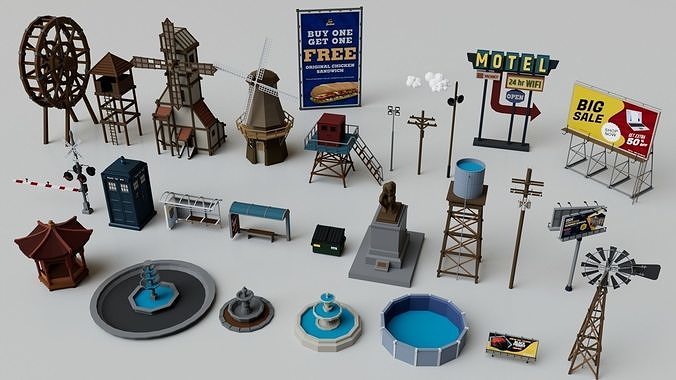 500 Realistic Exterior City Street Props Pack Collection Low-poly 3D model 6
