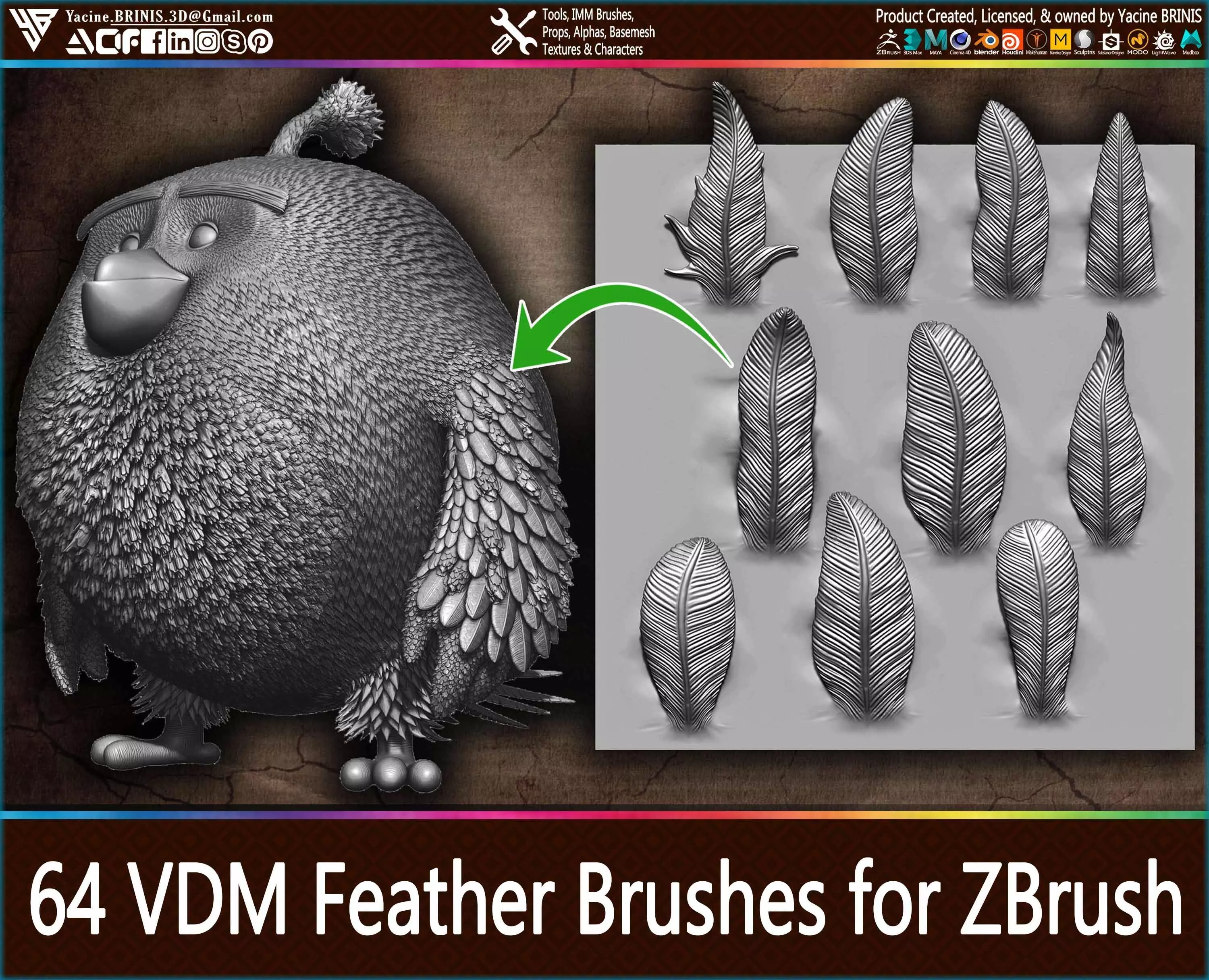 64 VDM Feather Brushes for ZBrush Low-poly 3D model_0