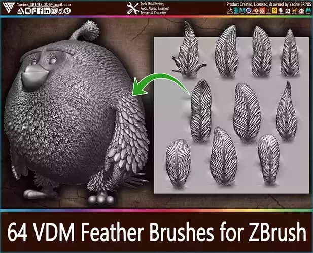 64 VDM Feather Brushes for ZBrush Low-poly 3D model
