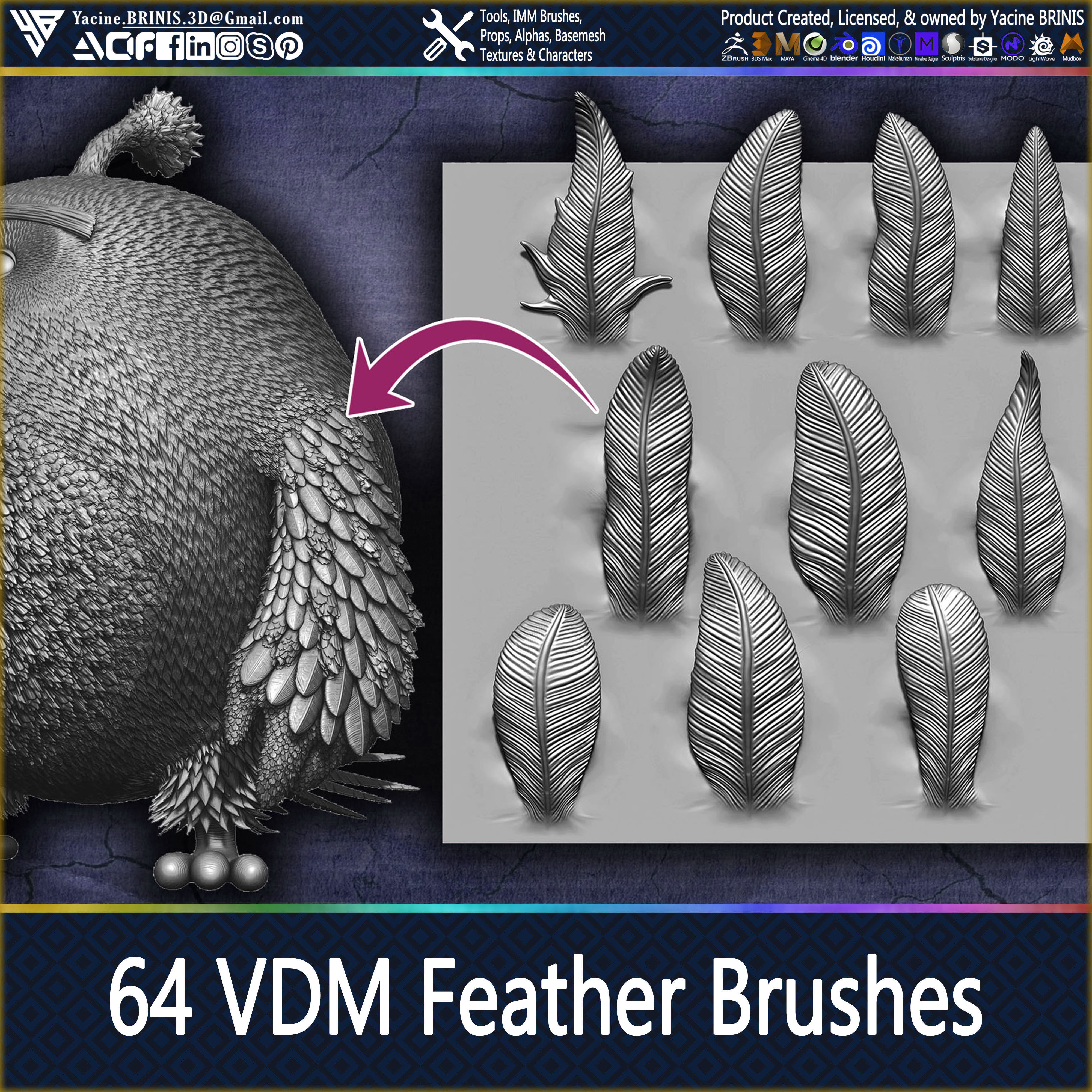 64 VDM Feather Brushes for ZBrush Low-poly 3D model_17