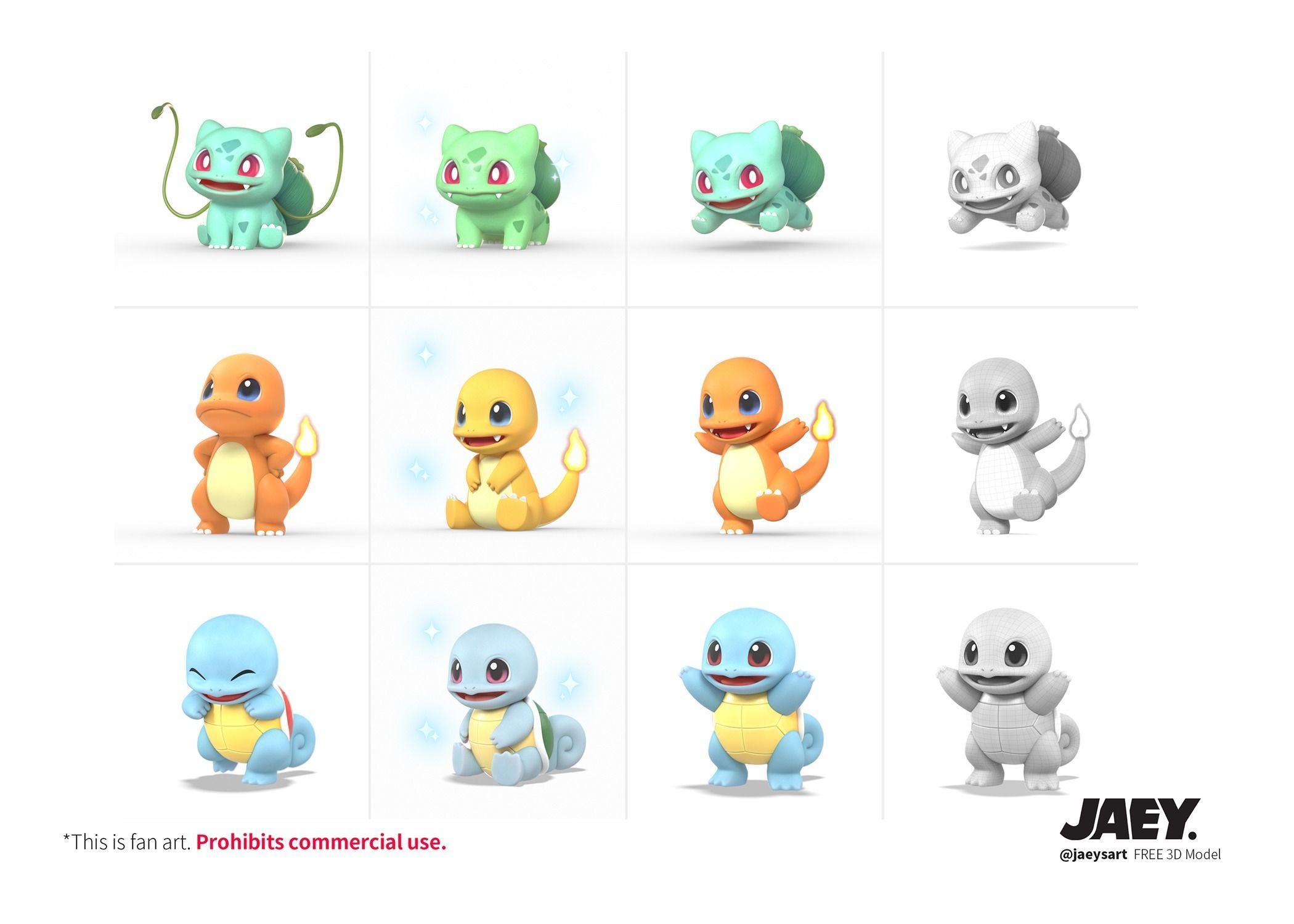 Kanto Starters FREE 3D model free VR / AR / low-poly 3D model | CGTrader