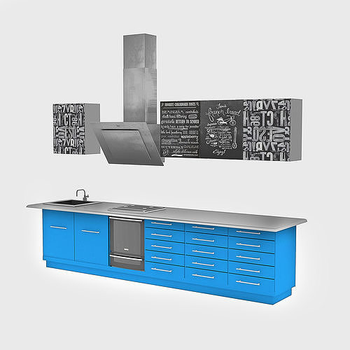 Loft kitchen with blue facades 3D model 4