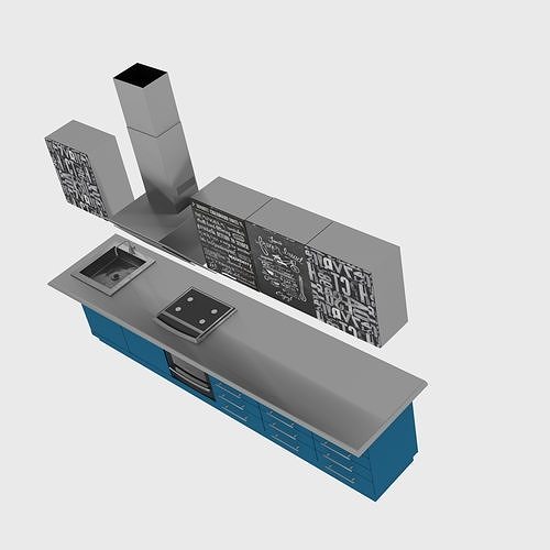 Loft kitchen with blue facades 3D model 3