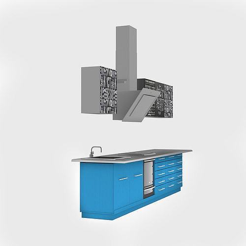 Loft kitchen with blue facades 3D model 2