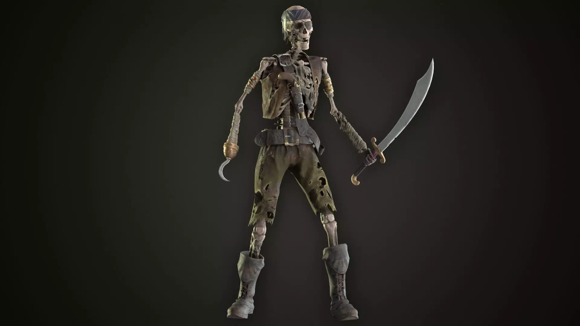 Skeletone Pirate With Hook Low-poly 3D model