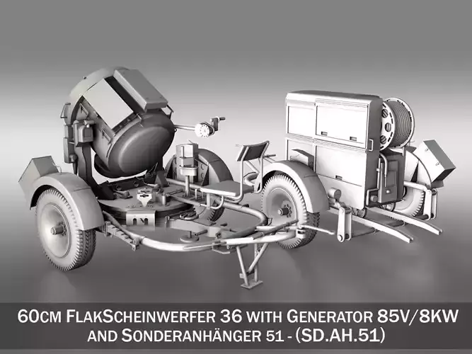 Flak Searchlight SW36 with Generator and Sh Ah 51 Trailer 3D model