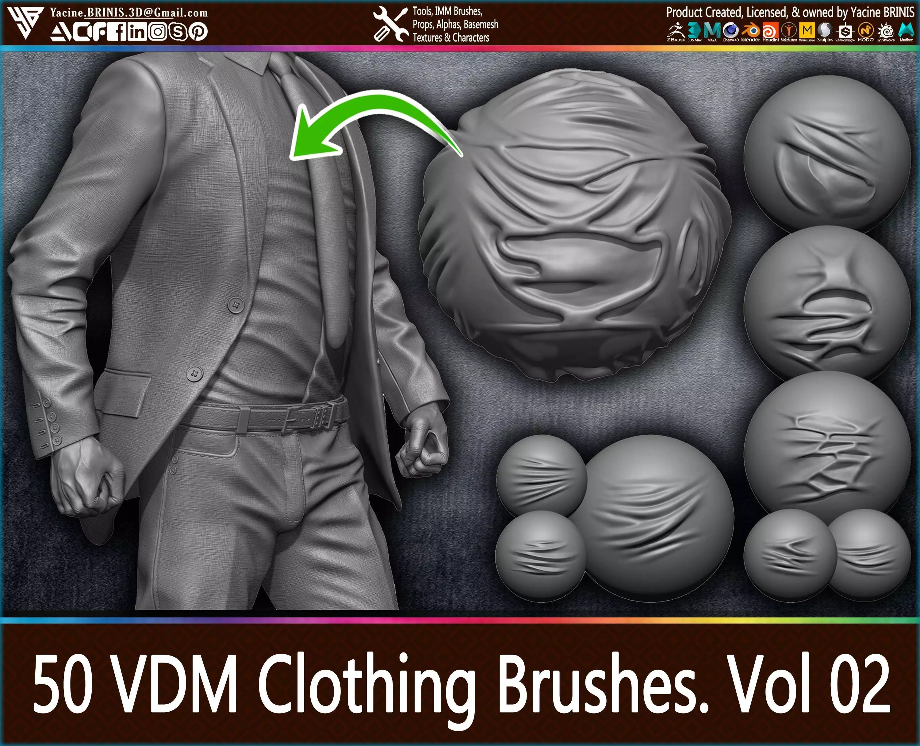 50 VDM Clothing Brushes for ZBrush Vol 02 Low-poly 3D model_0