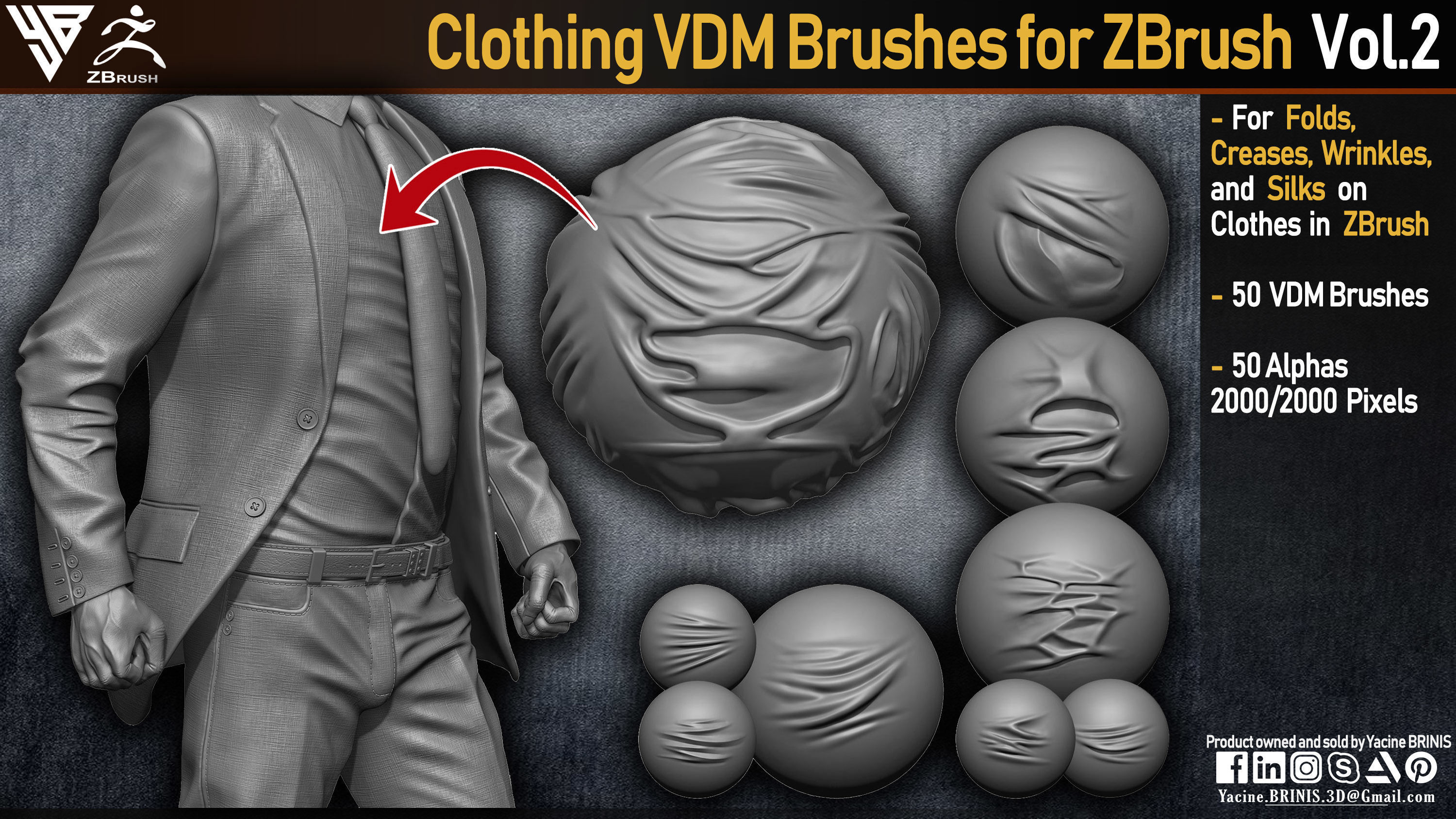 50 VDM Clothing Brushes for ZBrush Vol 02 Low-poly 3D model_1