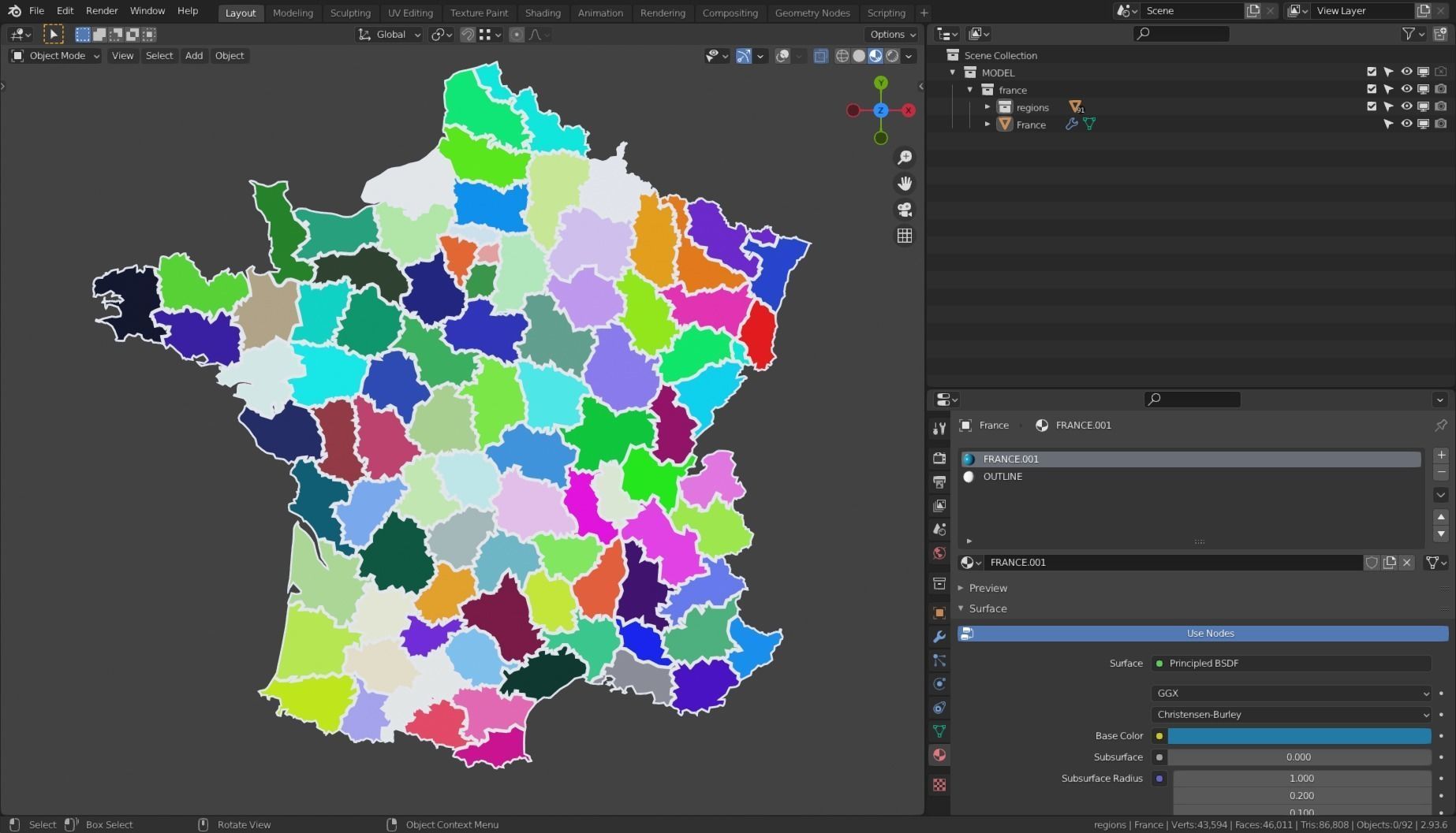 FRANCE POLITICAL MAP LAYOUT Low-poly 3D model_2