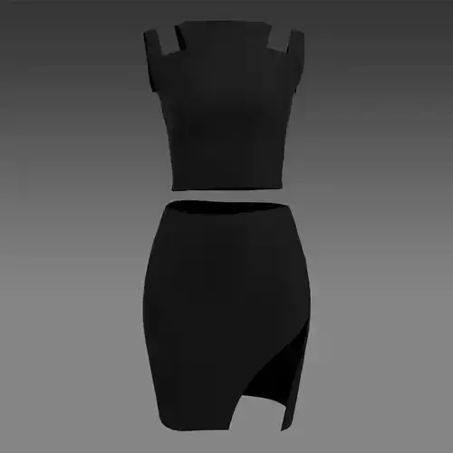 TWO PIECES SUIT BLOUSE AND SKIRT LOOK SLIT COLOR BLACK MATTE