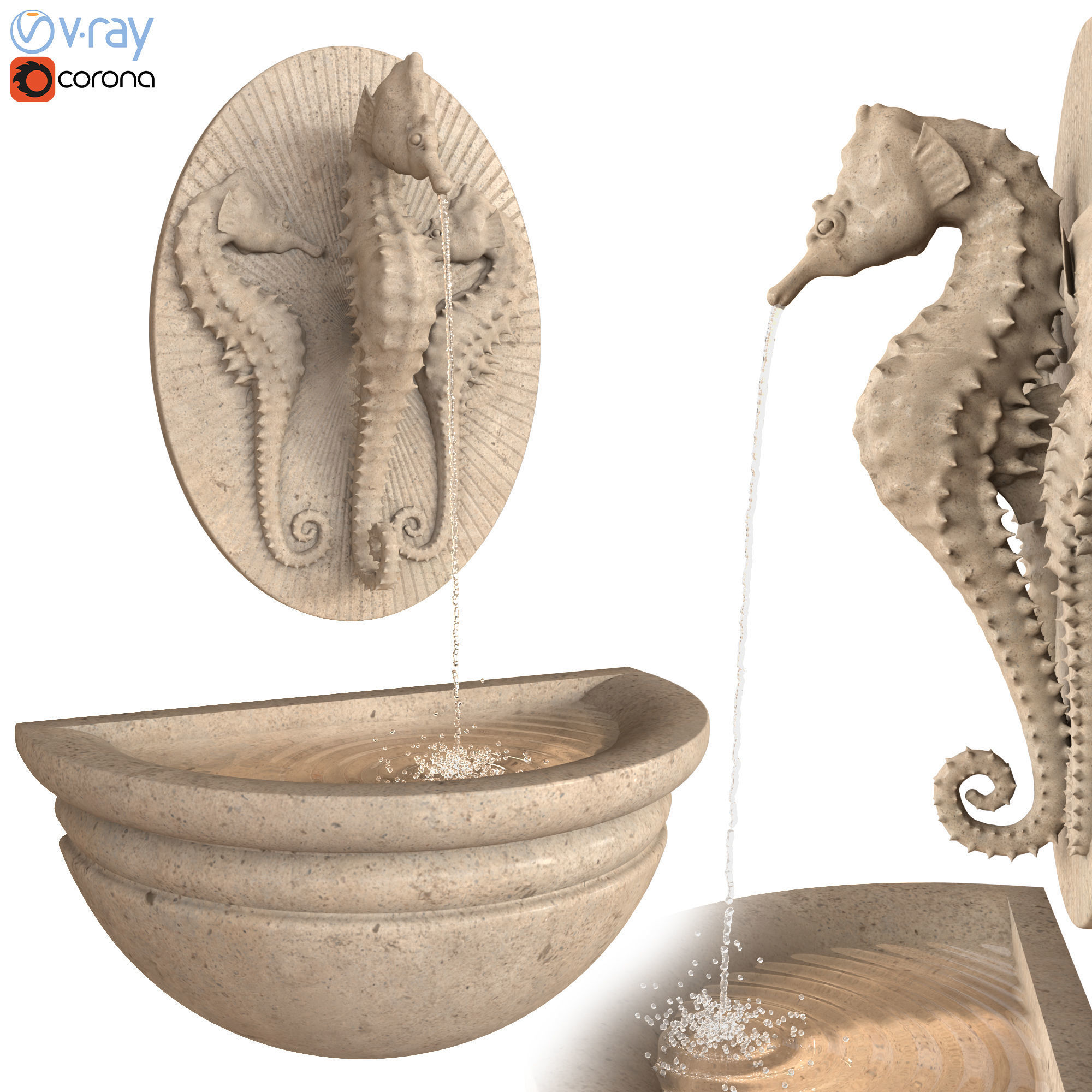 Seahorse Wall Fountain Water Feature 3D model_0