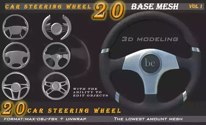 20 car steering wheel Low-poly 3D model