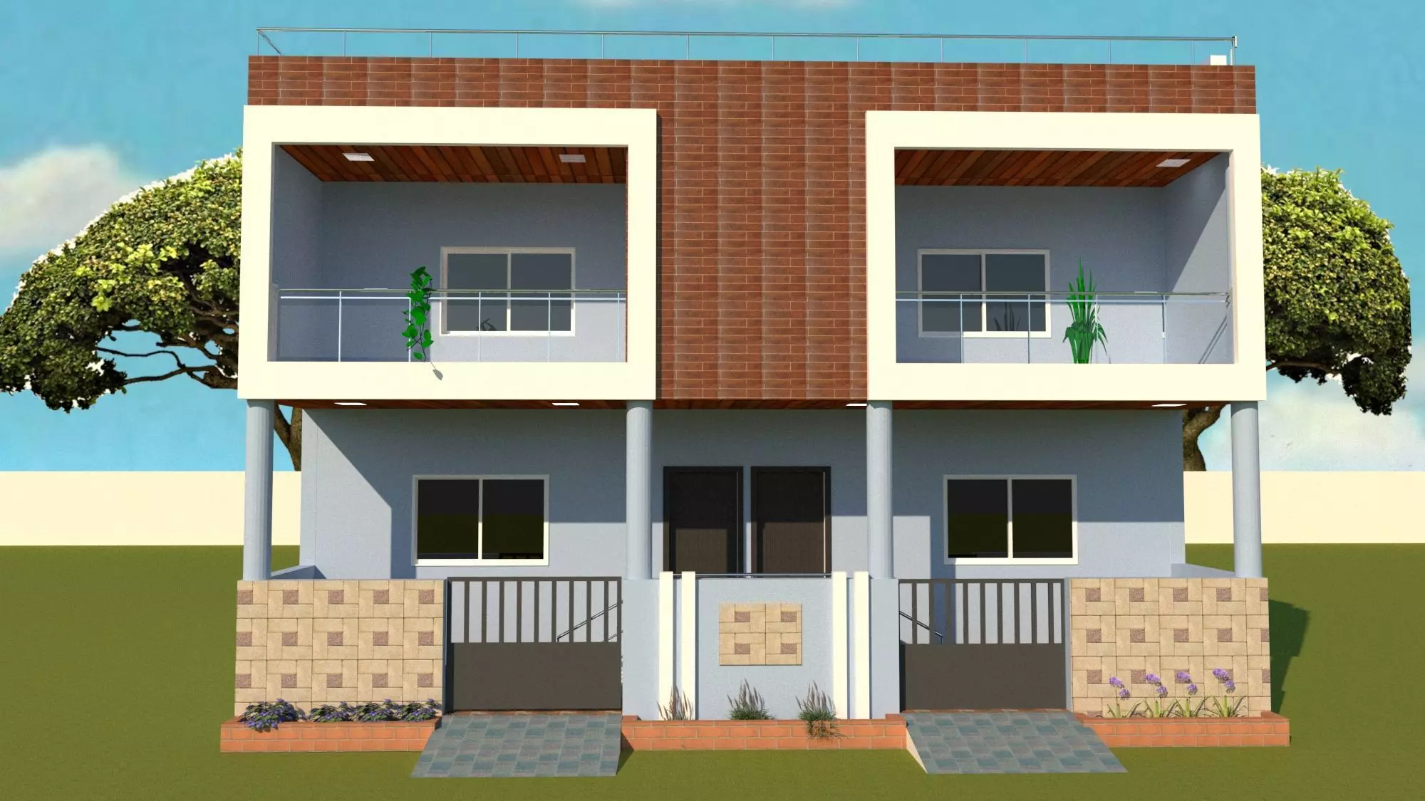 3d elevation two story house with balcony 3D print model