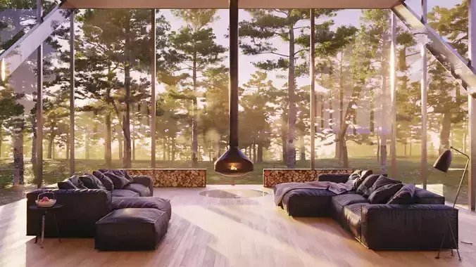 Realistic interior with forest view